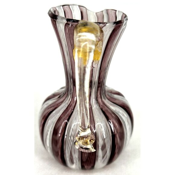 Murano Latticino Ribbon Petite Pitcher Vase Handle Purple White Gold 3" Tall - Picture 3 of 7
